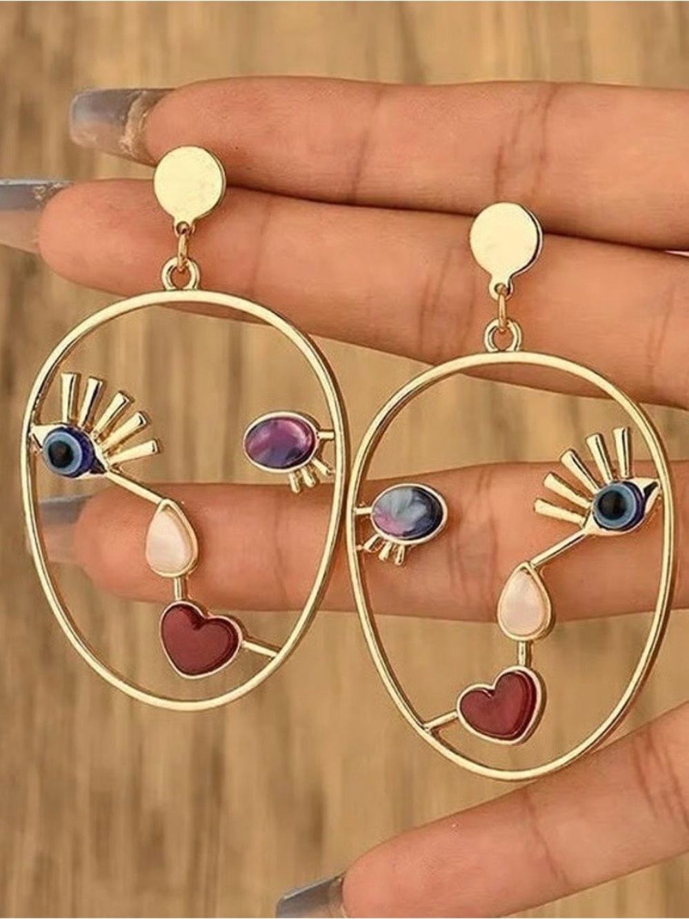 Abstract Face Evil Eye Dangle Hoop Earrings